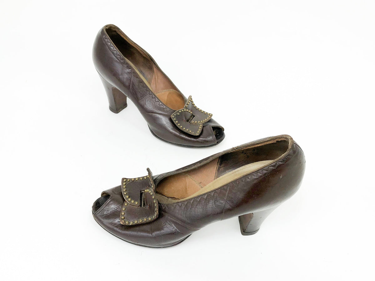 1940s Brown Leather Peep Toe Pumps Heels, Andrew Geller, US 7, EU 38