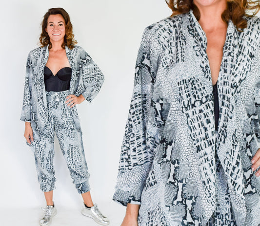 1980s Grey Reptile Print Pant Suit, Gray Jacket & Pants Set, Medium