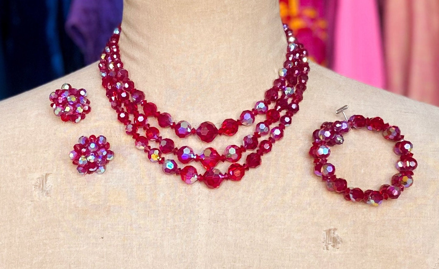 1950s Red Aurora Borealis Crystal Necklace Bracelet Earrings Set, Parure Jewelry set