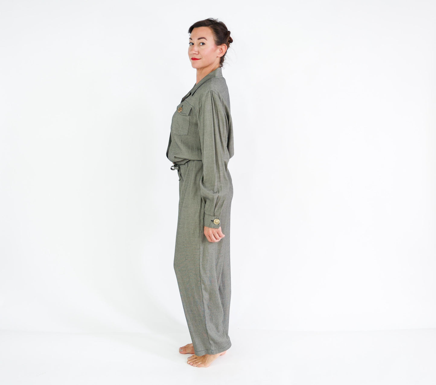 1980s Gray Woven Rayon Jumpsuit, 44