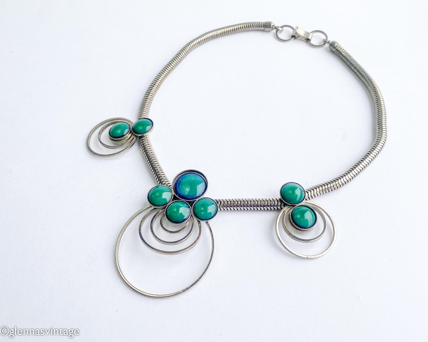 1960s Mod Necklace | Silver Circles, Green Glass Pendant