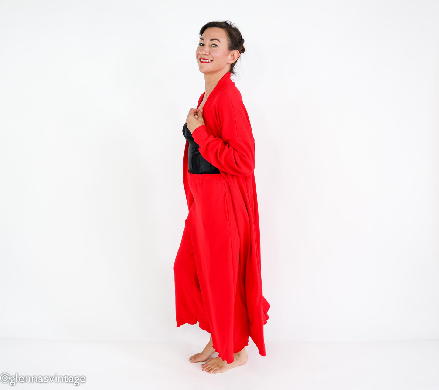 1980s Red Knit Lounge Set, Duster & Pants, Extra Large