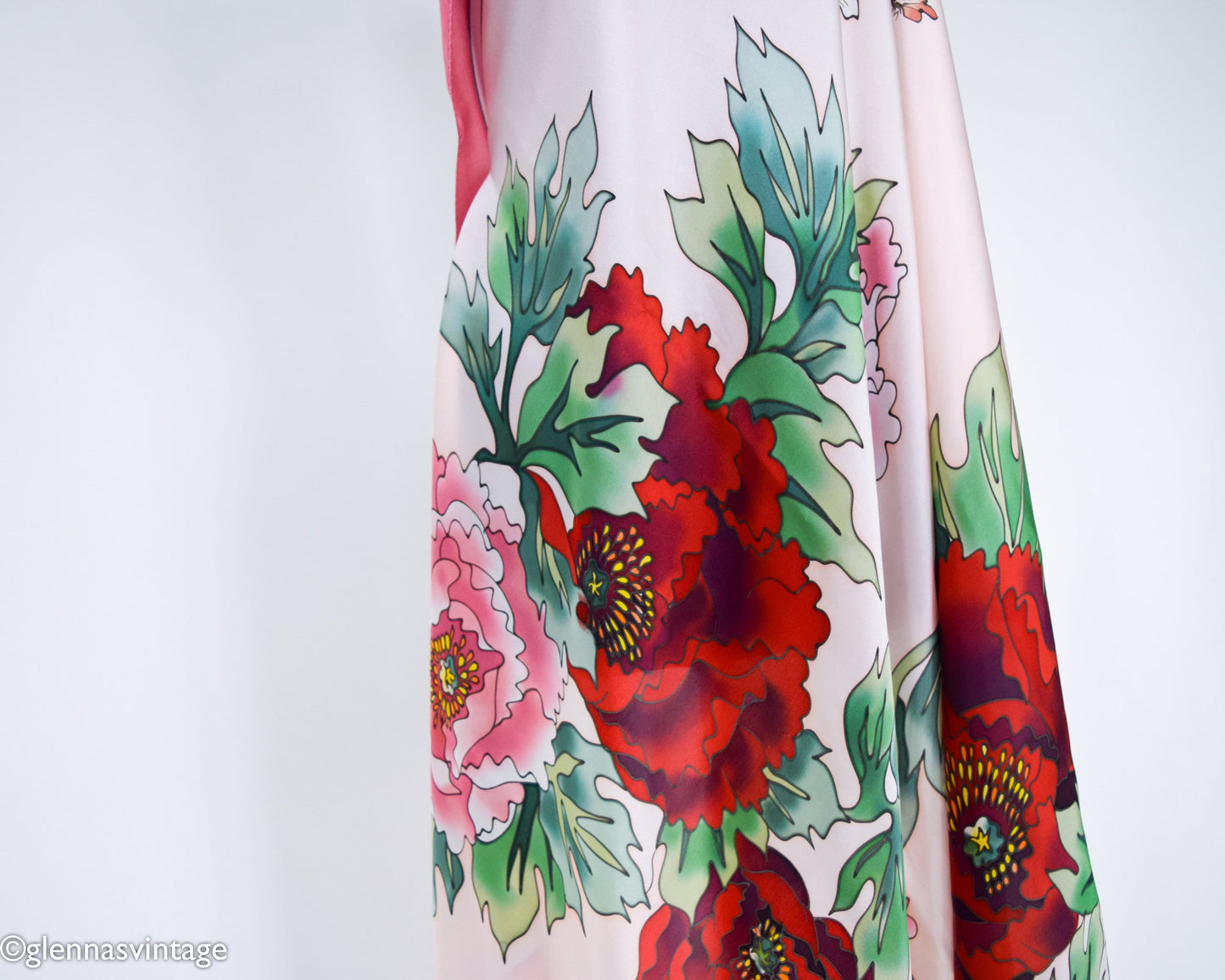 1980s Red Pink Floral Print Silk Scarf, Peony Flowers