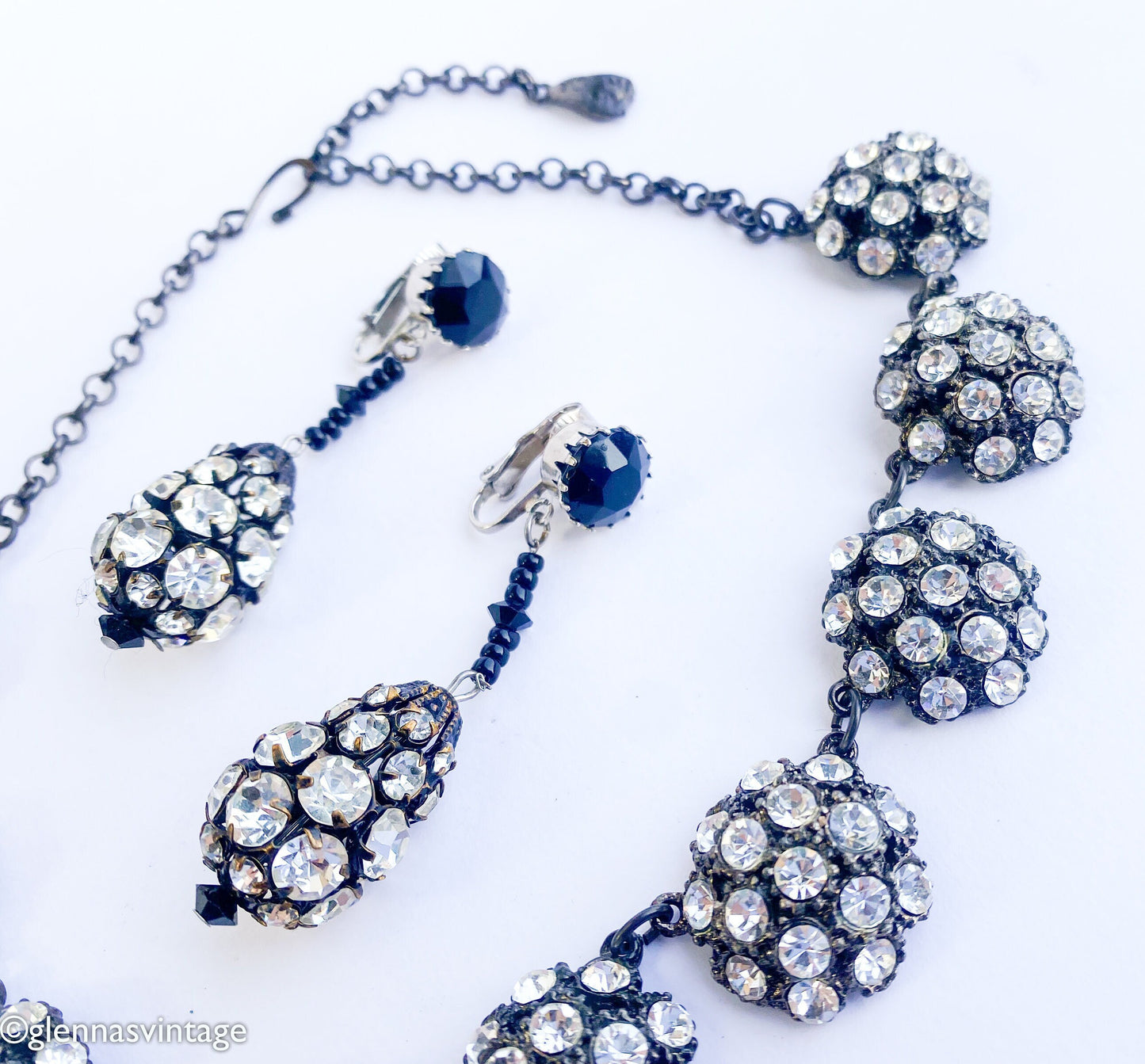 1950s Rhinestone Evening Necklace & Earrings Set | 50s Rhinestone Circles Necklace Drop Earrings | YOCHI N.Y.