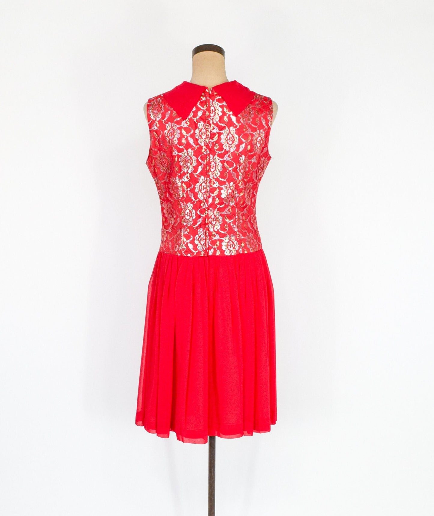 1950s Red Chiffon & Silver Lace Party Dress, Medium