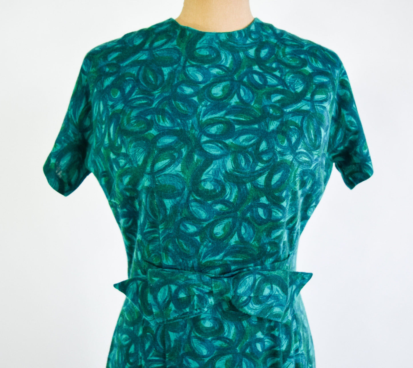 1960s Turquoise Green Floral Wool Knit Dress, Medium