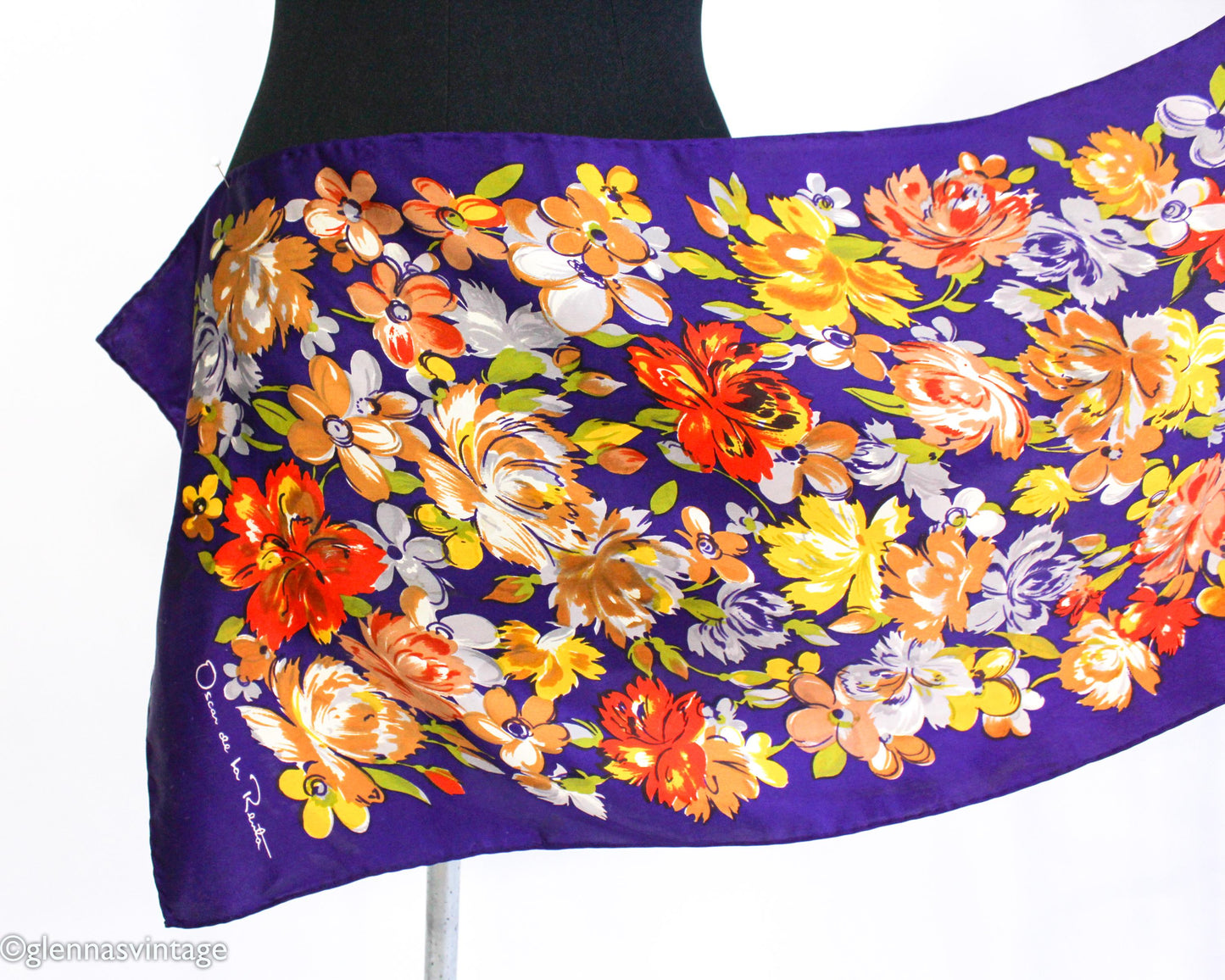 1980s Oscar de la Renta Purple Floral Silk Scarf