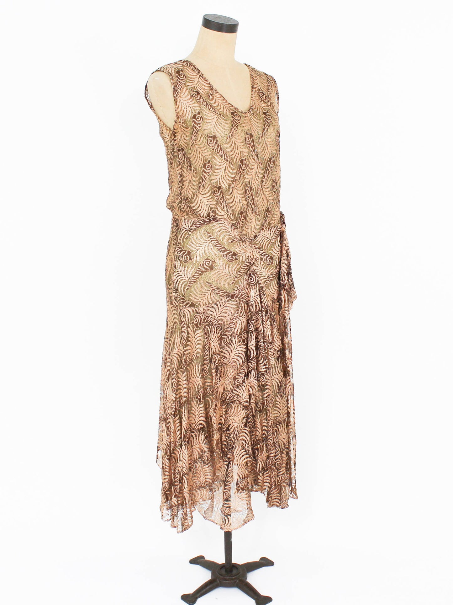 1920s Metallic Gold Lace Evening Dress, Flapper Style, Extra Small