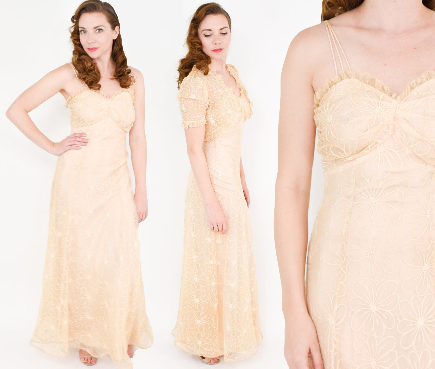 1930s Beige Tambour Lace Evening Dress & Bolero, Old Hollywood Style Wedding, Small