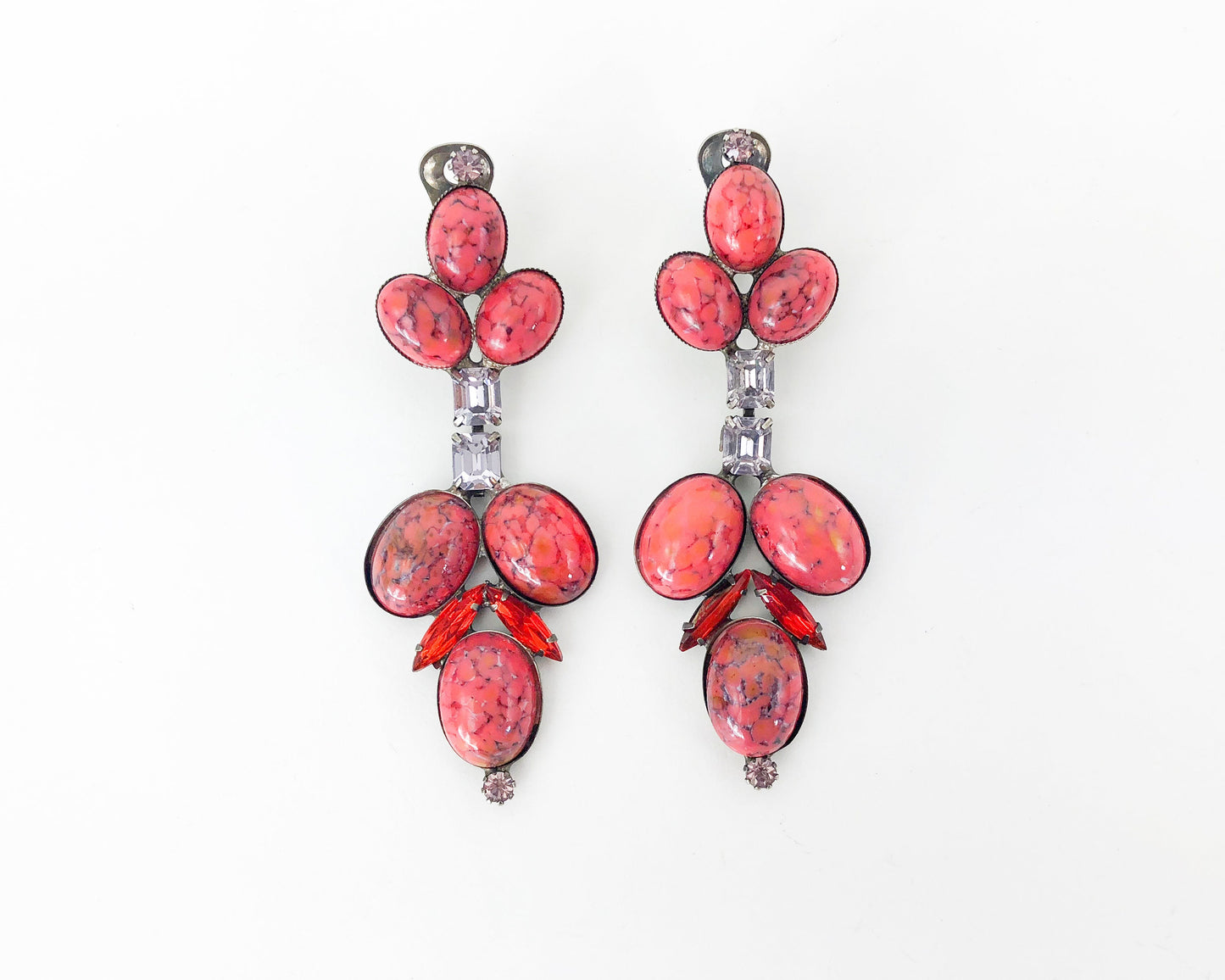 1950s Orange Stone & Rhinestone Dangle Earrings, Statement Jewelry