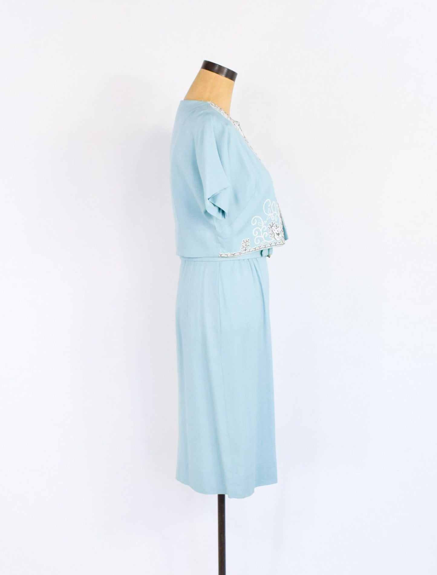 1950s Turquoise Sheath Dress & Beaded Jacket Set