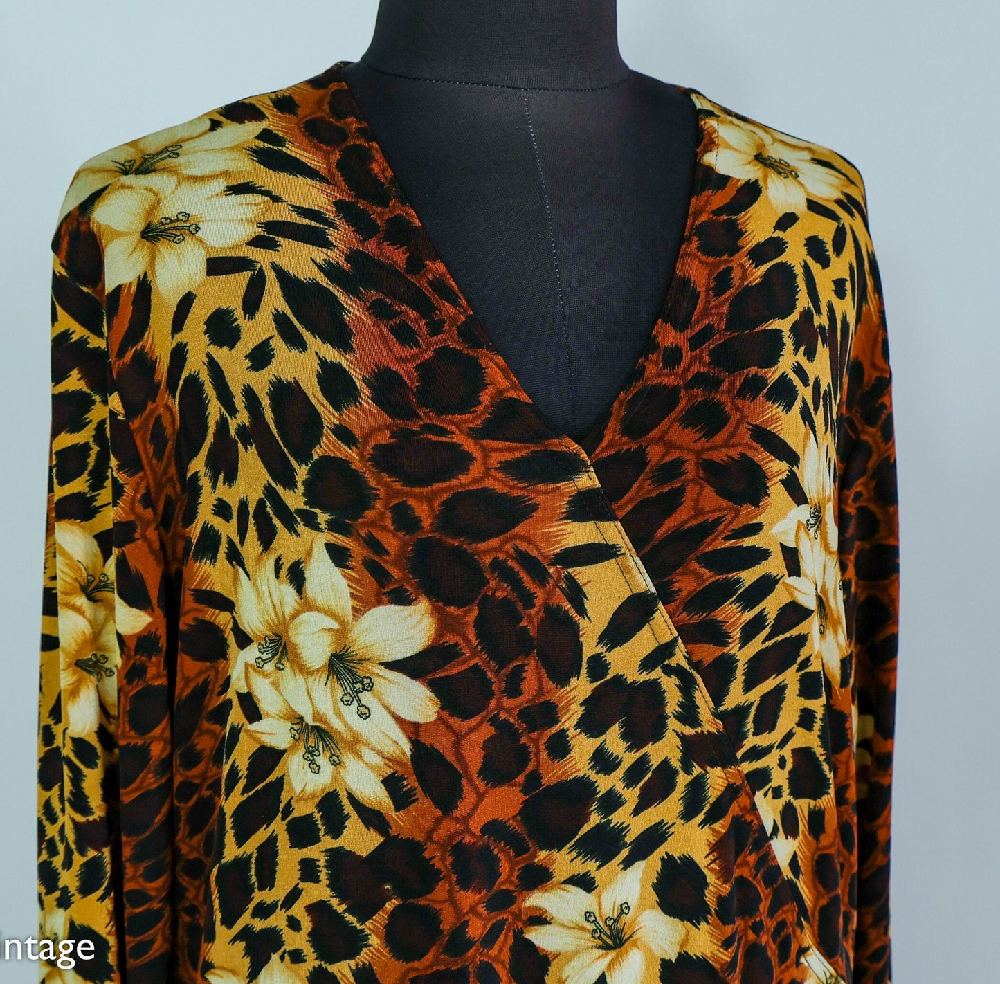 1980s Leopard Animal Print Caftan | 80s Brown Leopard Print & Flowers Maxi Dress | Carolyn Strauss | XLarge