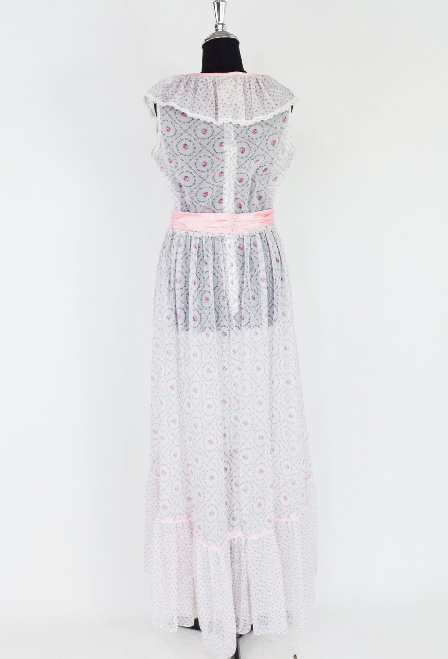 1970s White Pink Floral Print Maxi Dress, Small
