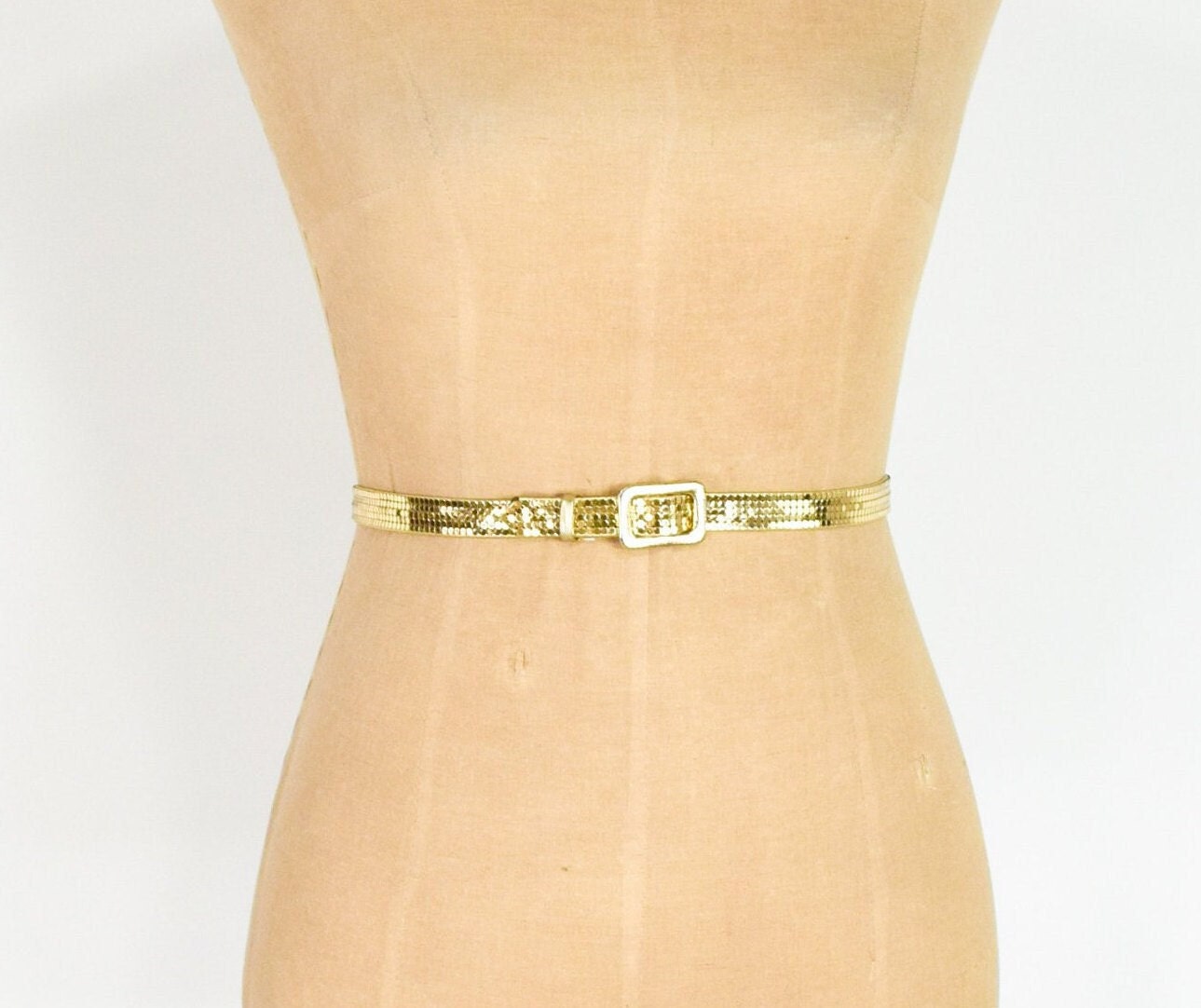 1980s Gold Mesh Skinny Belt | 80s Gold Leather & Mesh Belt