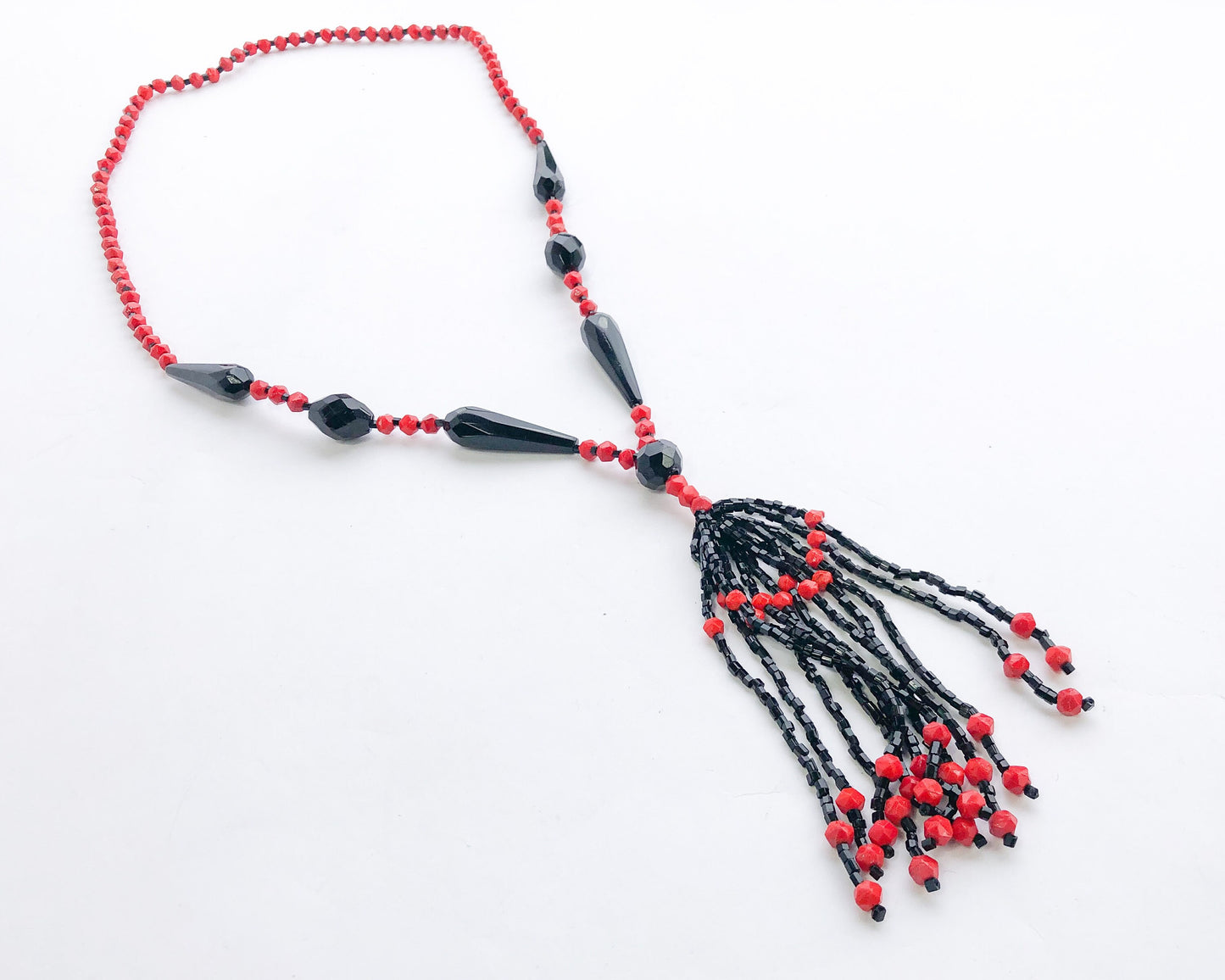 1920s Flapper Necklace | Red & Black Beaded Tassel Rope