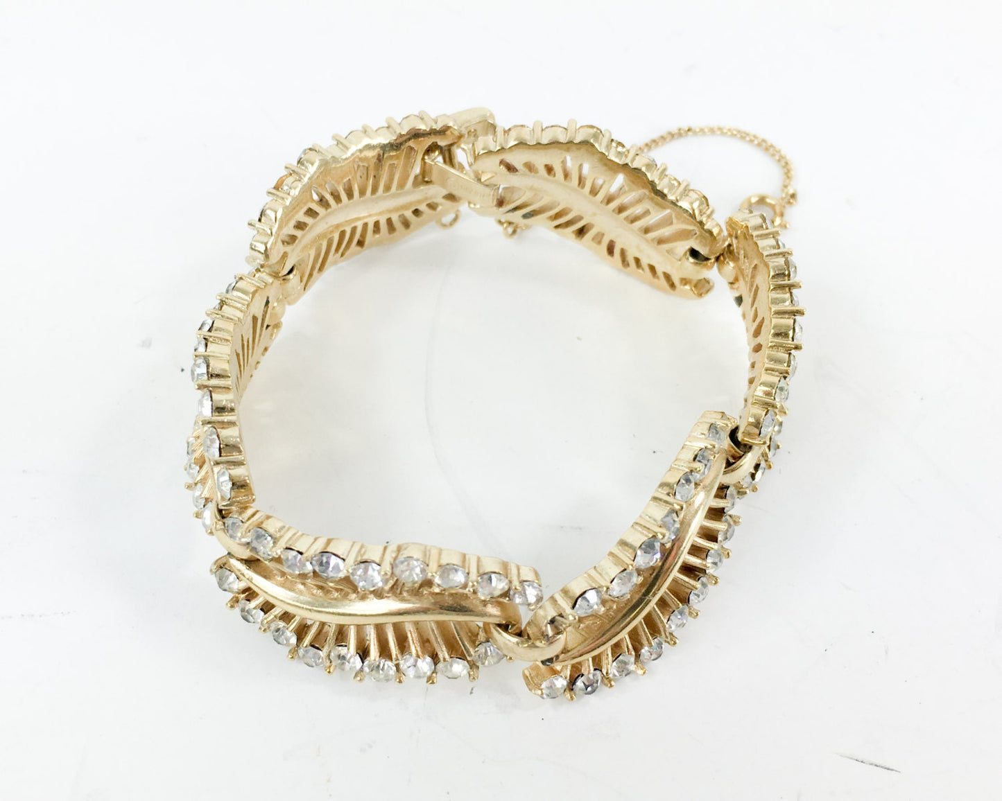 1950s Trifari Rhinestone & Gold Leaf Bracelet