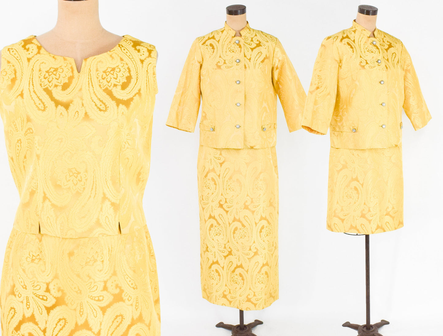 1960s Yellow Gold Brocade 4 Piece Skirt Suit, Medium