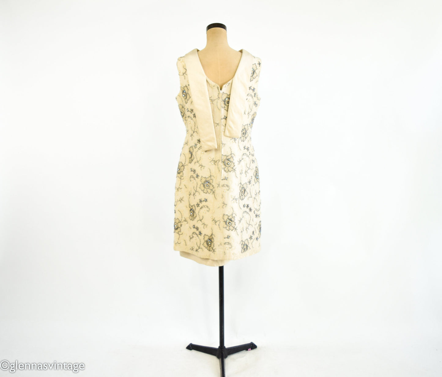 1960s Beaded Silk Cocktail Dress | Vintage Floral Lace, Medium