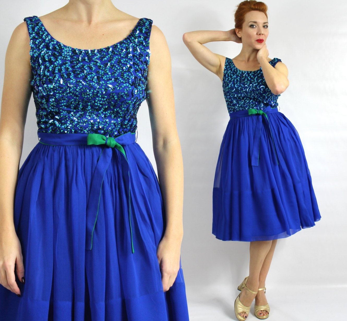 1950s Royal Blue Chiffon Party Dress with Sequin Bodice, Small