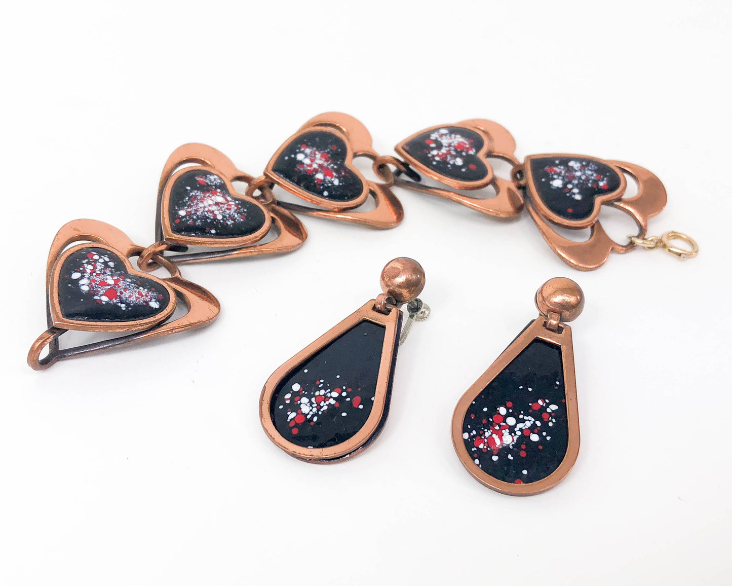 1940s Rebajes Copper Heart Bracelet & Earrings Jewelry Set