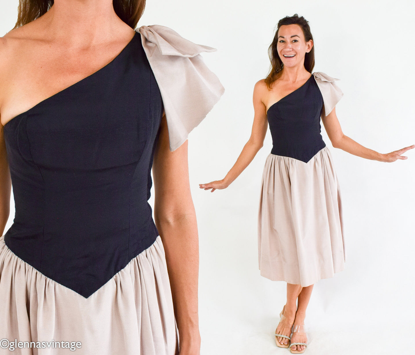 1940s One Shoulder Party Dress, Black & Pink Faille, Extra Small