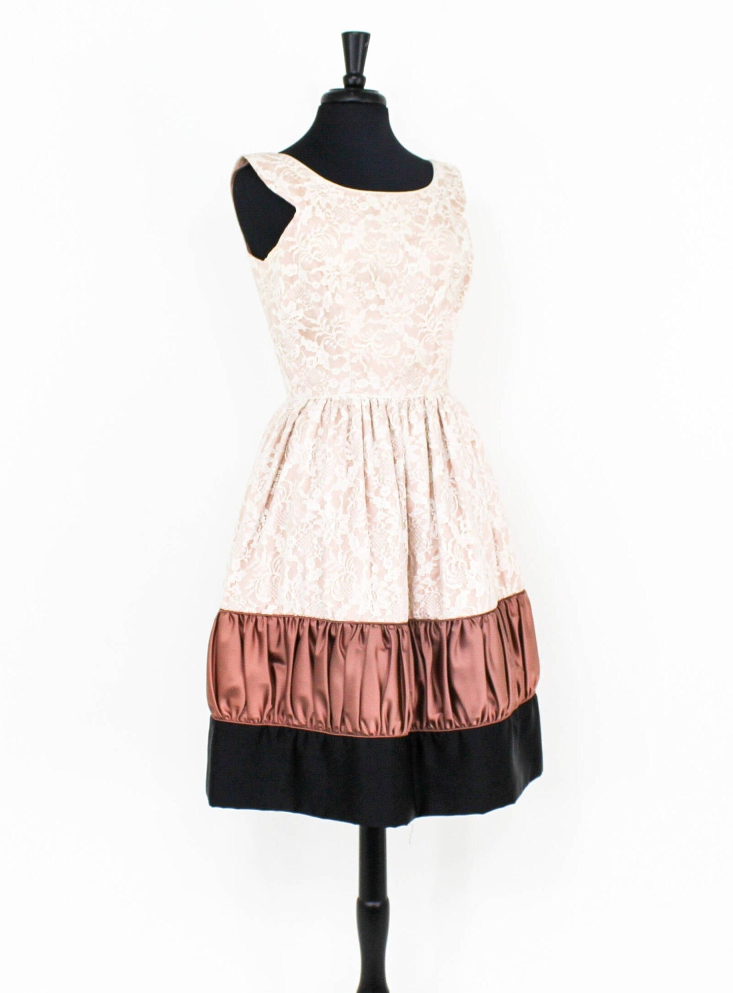 1950s Beige Lace & Brown Satin Party Dress, Medium