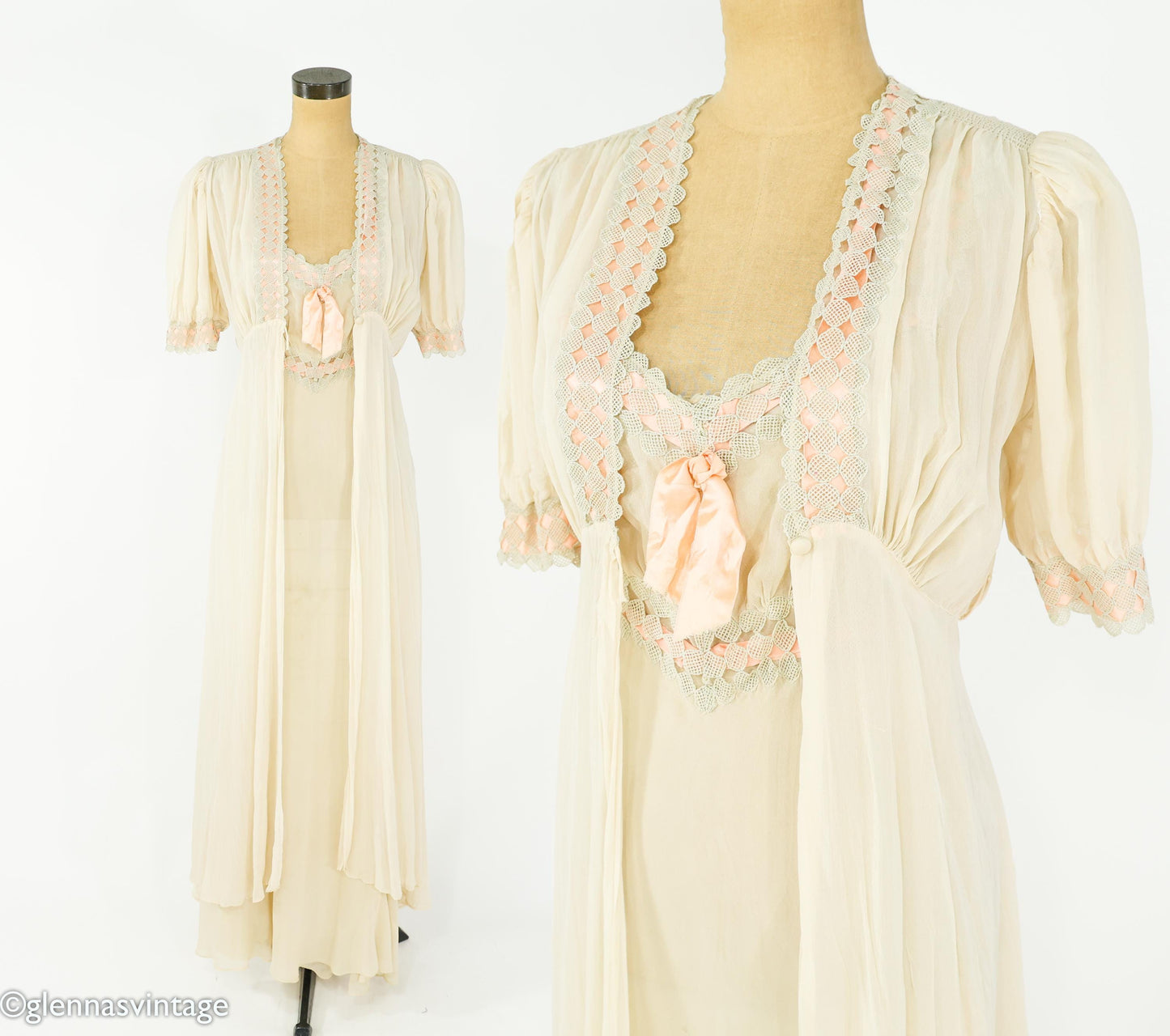 1930s Ivory Silk Chiffon Peignoir Set, Vintage Lace Nightgown, Small