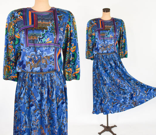 1980s Diane Freis Blue Wool Pleated Dress, Large