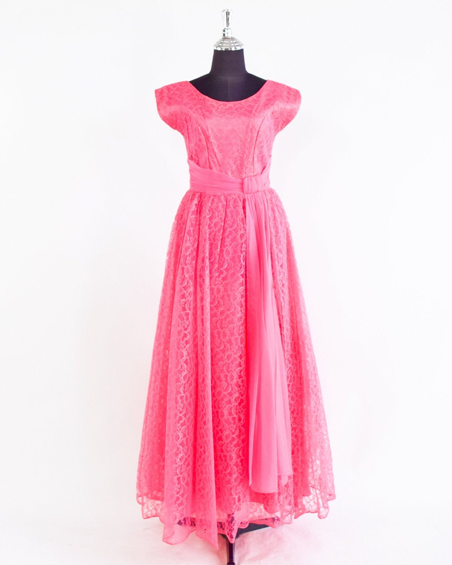 1950s Pink Lace Evening Dress | 50s Pink Lace Formal | Bubblegum Pink Maxi Dress | XS