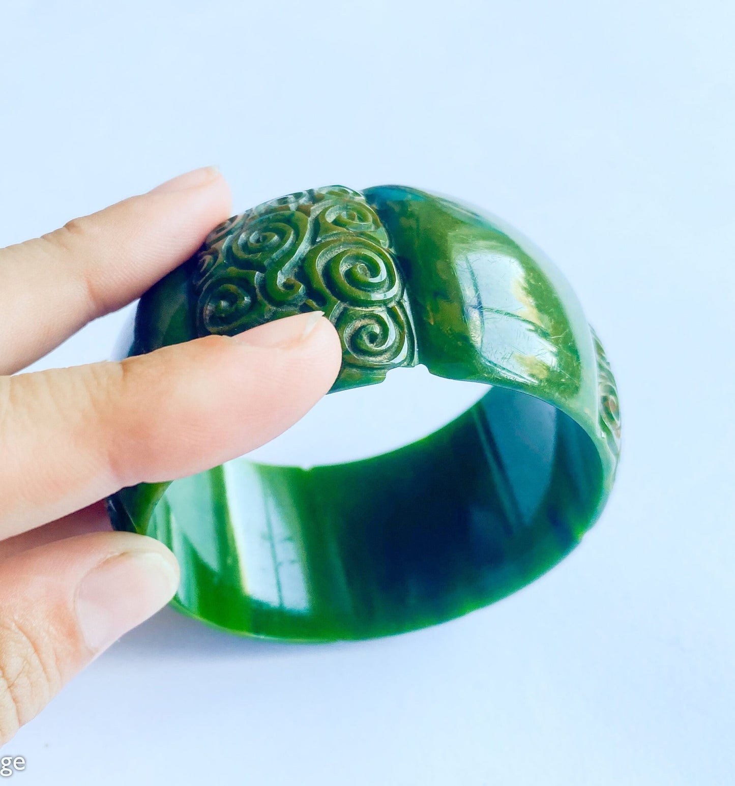1930s Carved Olive Green Bakelite Bangle | Vintage Wide Bracelet
