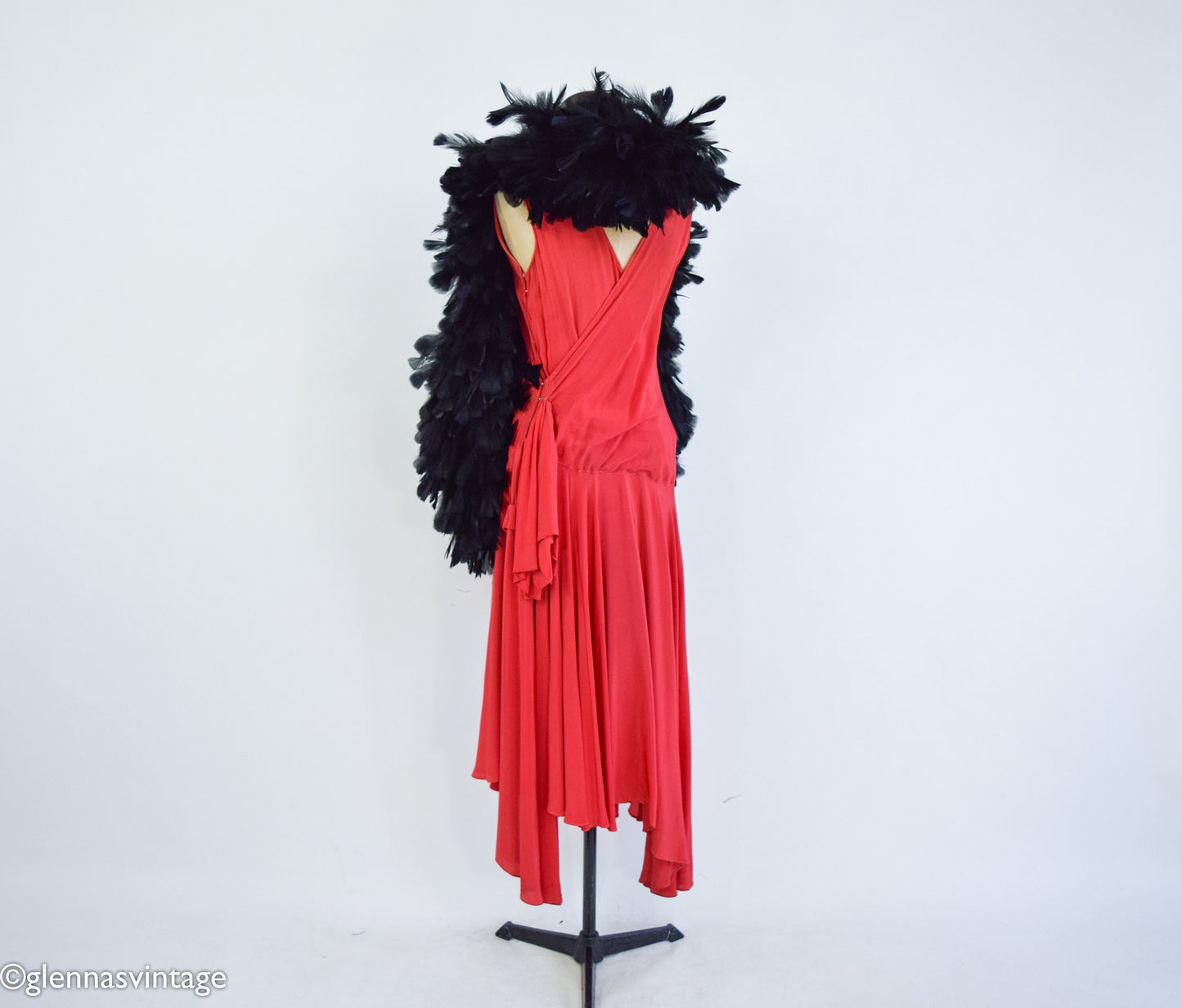 1900s Black Feather Boa with Silk Backing and Ties, Edwardian Era Scarf