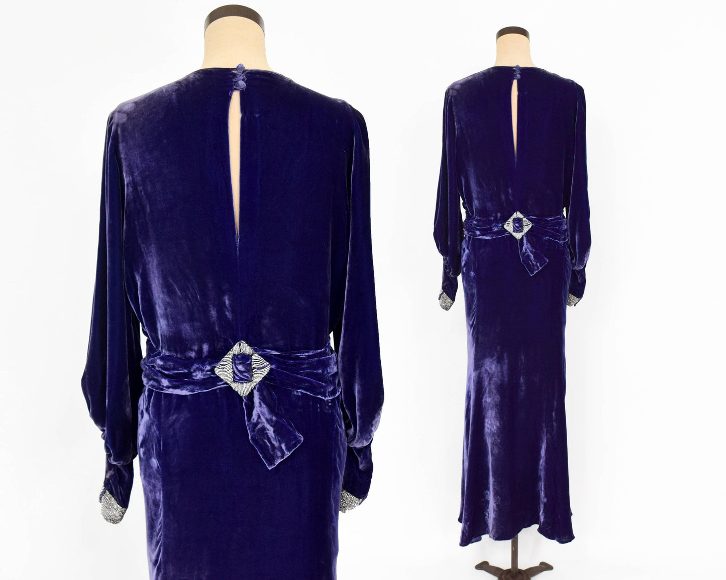 1900s Purple Silk Velvet Gown, Beaded Evening Dress, Medium Large