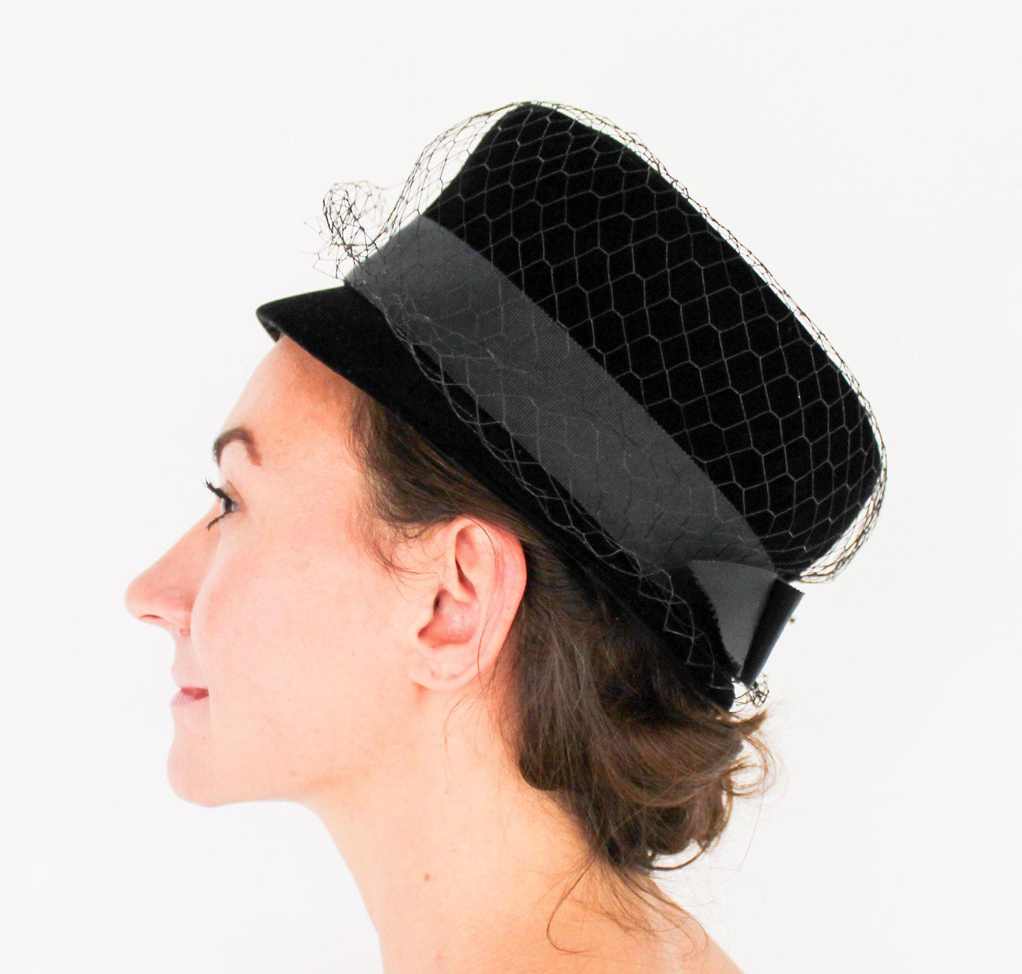 1960s Black Velvet High Crown Hat, Jackie O Style