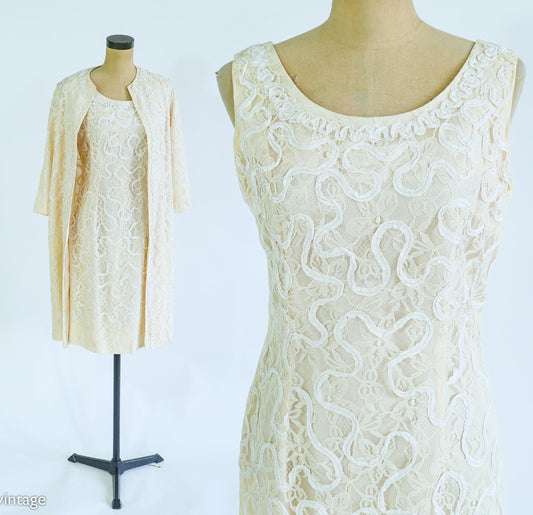1960s White Lace Dress & Jacket Set, Medium