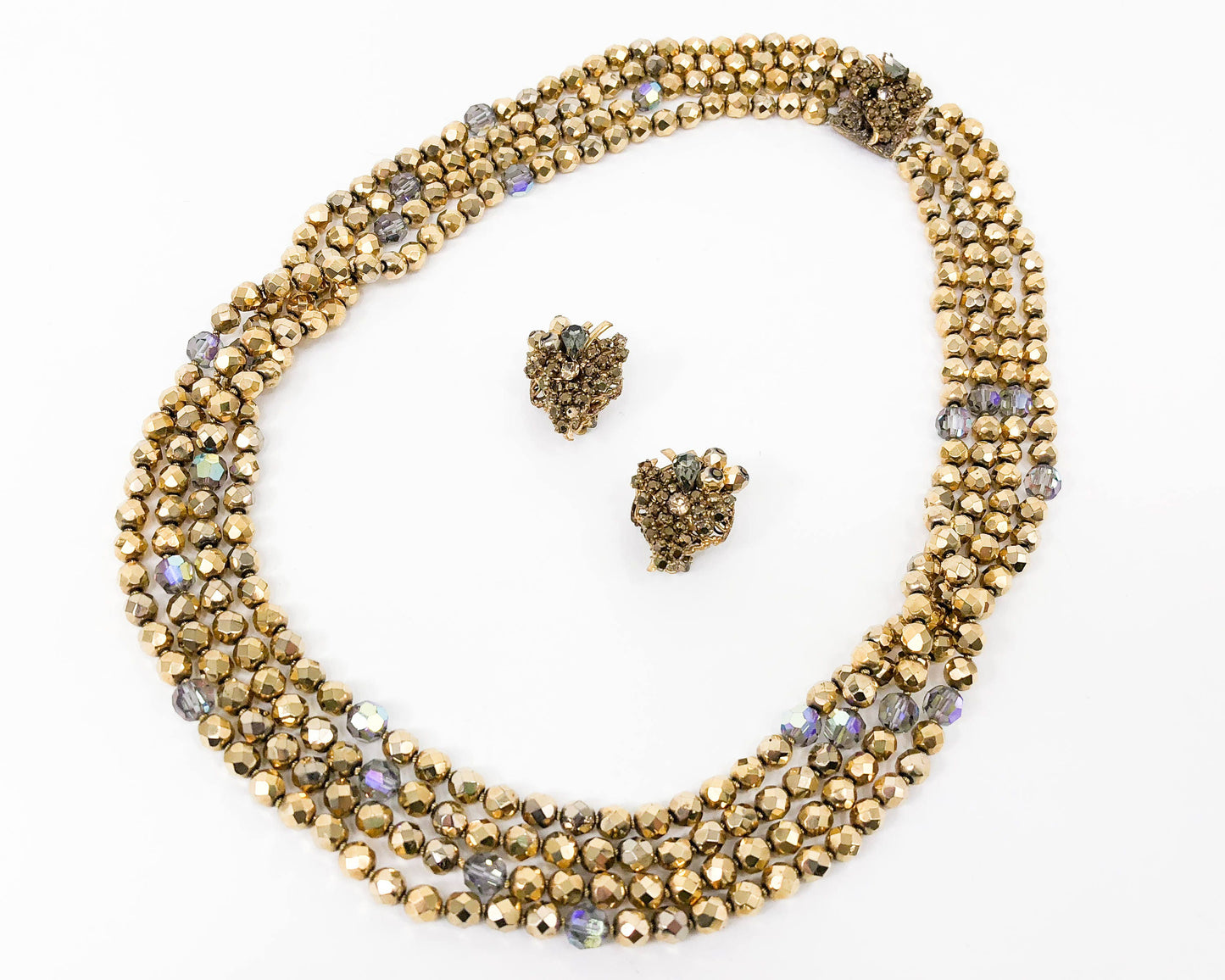 Eugene | 1950s Bronze Crystal Necklace & Earrings Set | 50s Bronze Crystal Evening Jewelry Set | Gold Crystal Necklace Set | Eugene