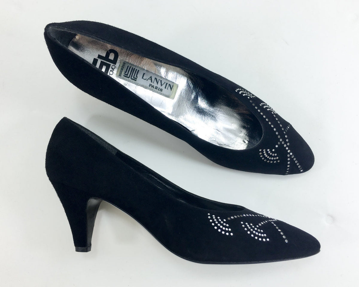 1980s Lanvin Black Suede Rhinestone Embellished Heels, US 9, 38