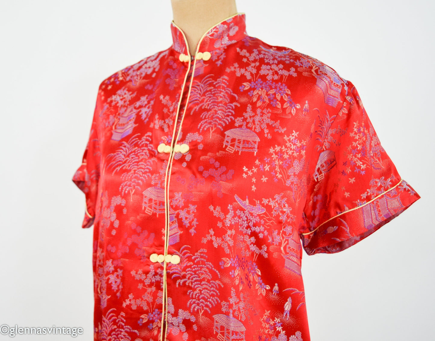 1950s Red Asian Design Pajama Set, Top & Pants Set, Large