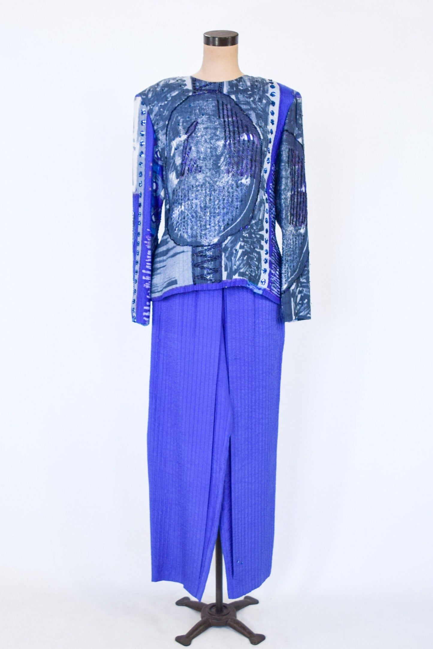 1980s Blue Silk Sequin Pant Set | 80s Purple Silk Evening Pantsuit | ICINOO | Medium