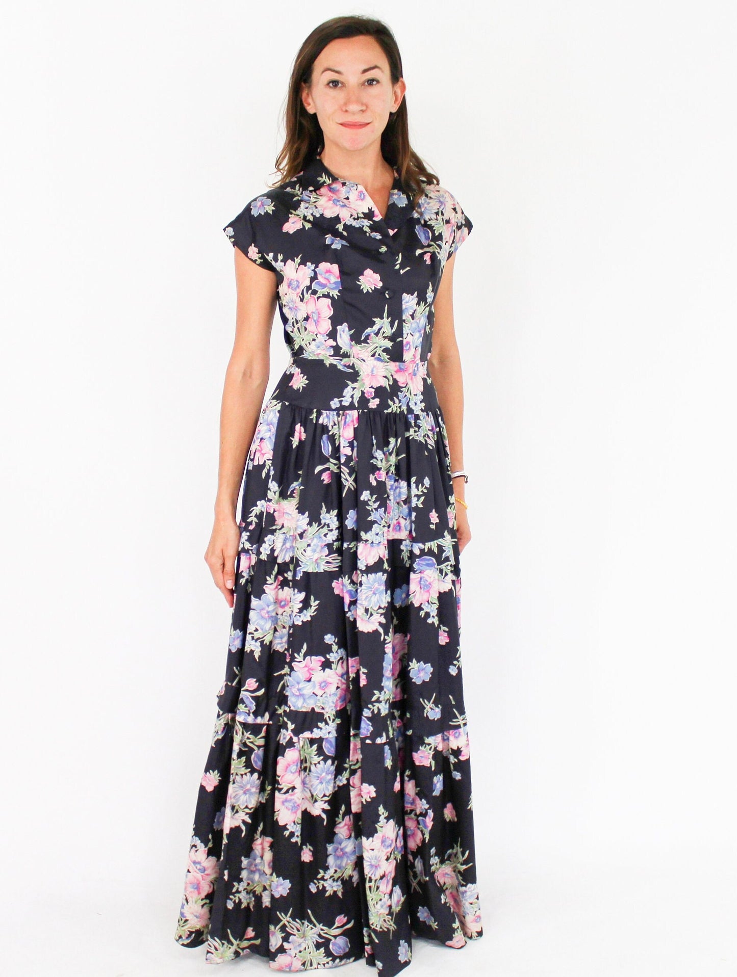 1940s Black Floral Print Evening Dress | 40s Black Flowered Sleeveless Hostess Gown | The Linzi Line | Small