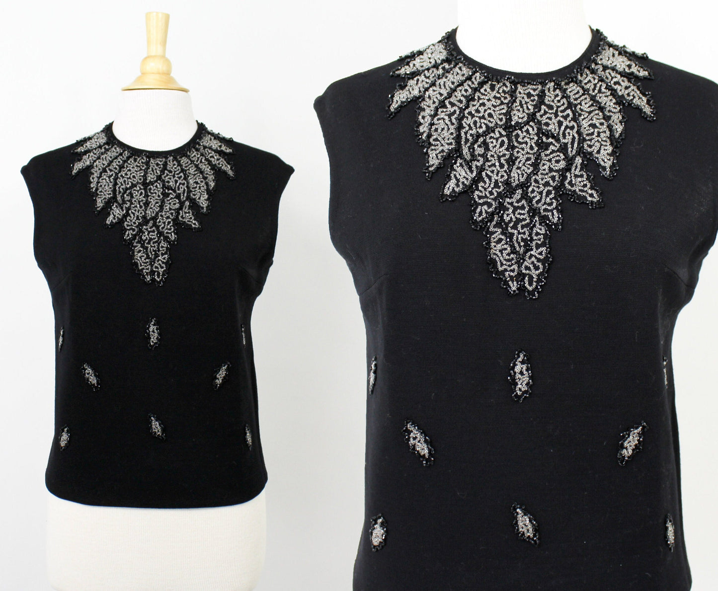 1960s Black Sleeveless Sweater | 60s Black Wool Beaded Top | Medium