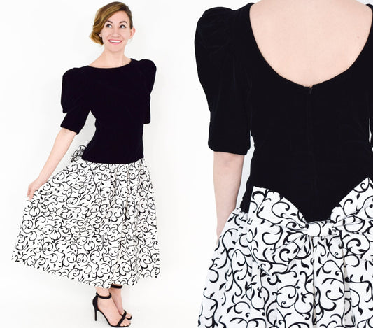 1980s Black Velvet Print Party Dress, Medium
