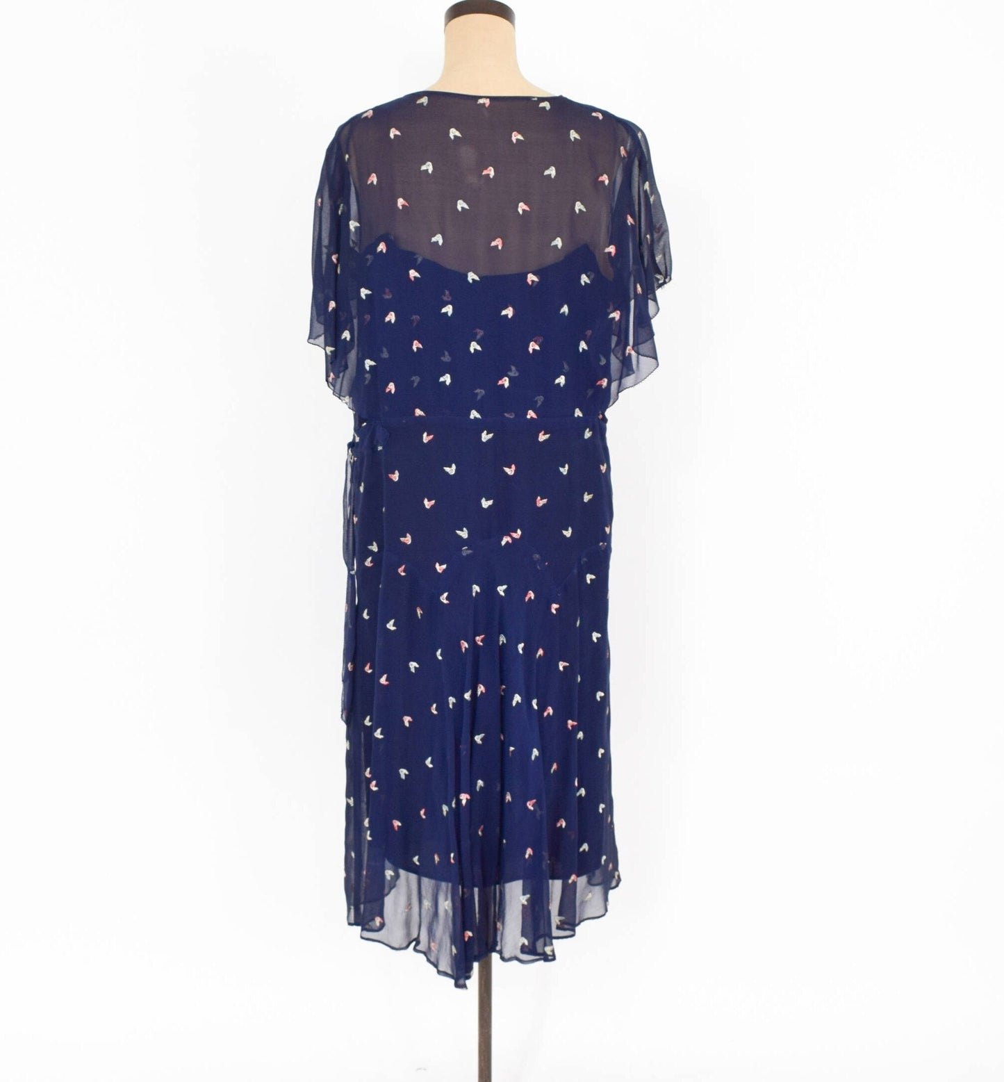 1920s Navy Chiffon Dress with Embroidered Flutter Sleeve, Medium
