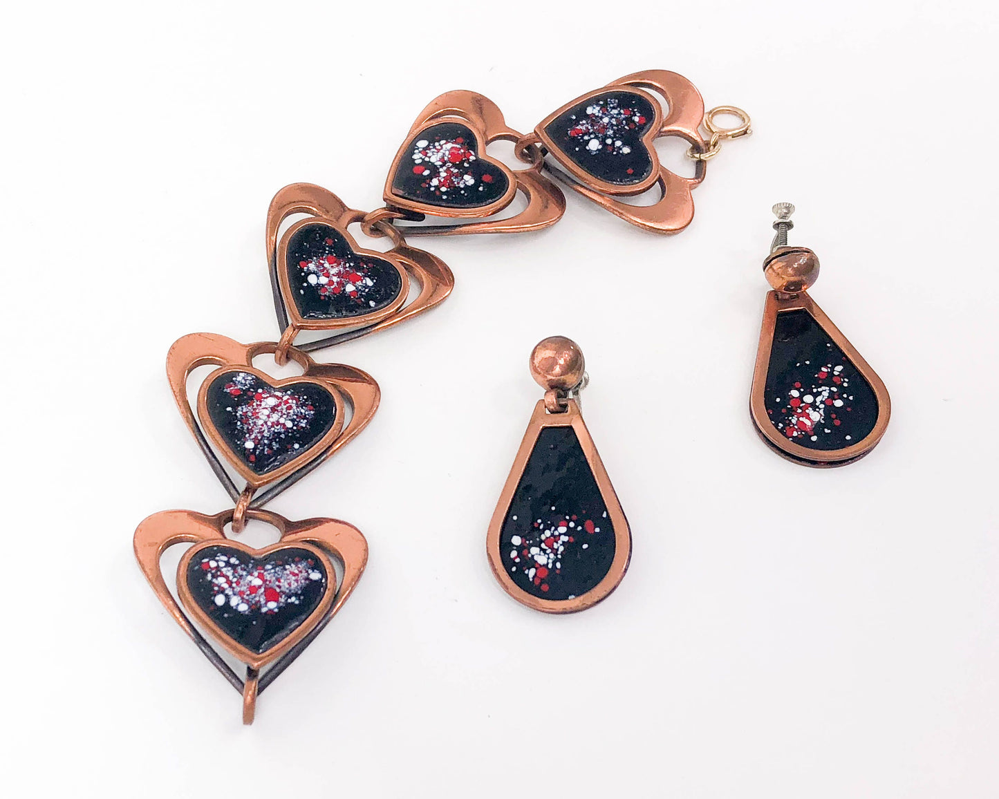 1940s Rebajes Copper Heart Bracelet & Earrings Jewelry Set