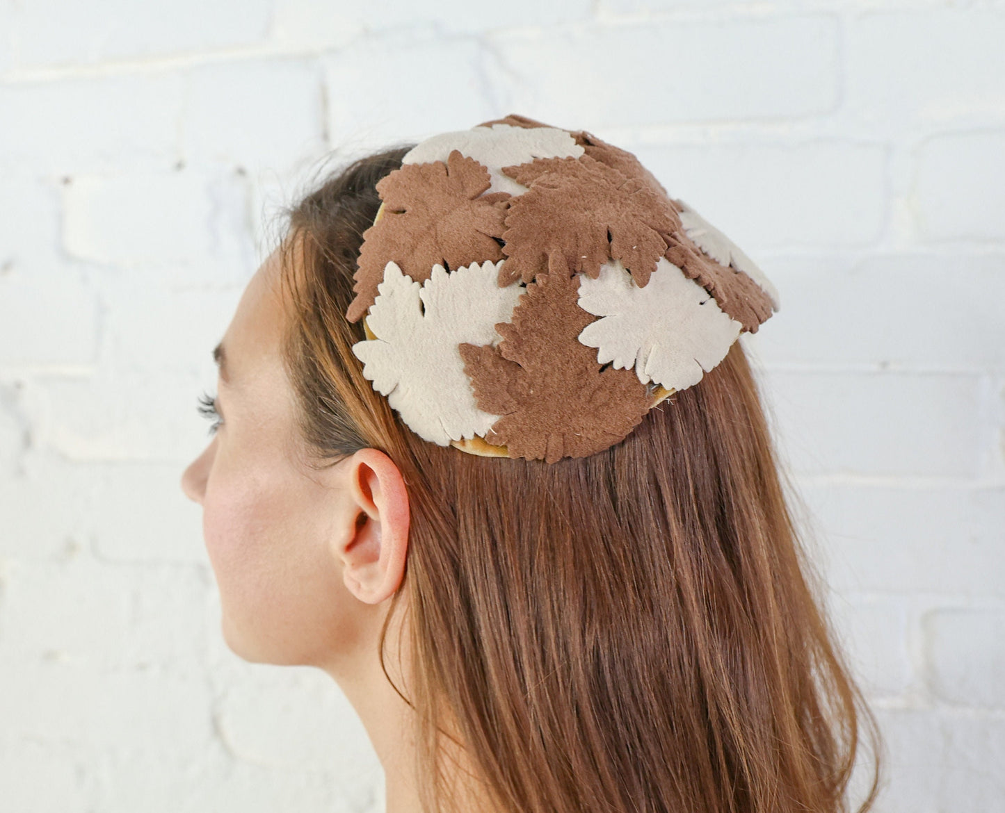 1950s Brown & Beige Felt Leaf Fascinator Hat Headpiece