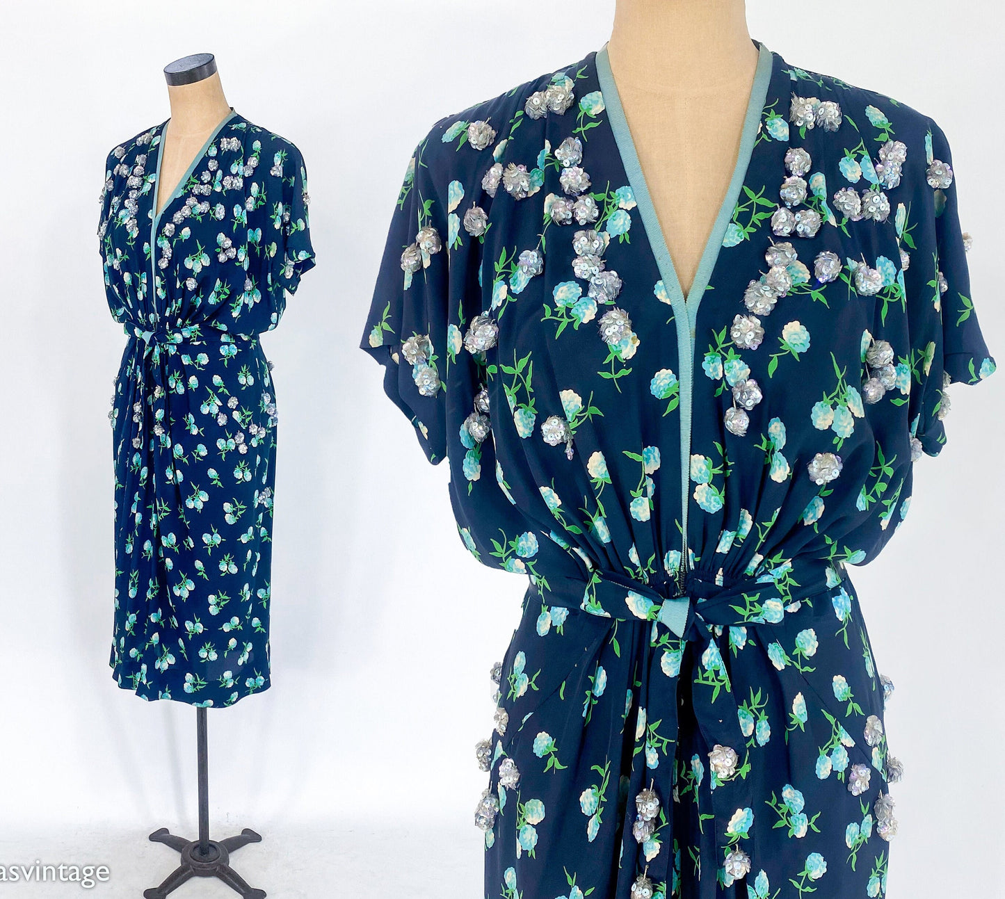 1940s Navy Blue Floral Sequin Dress, Large