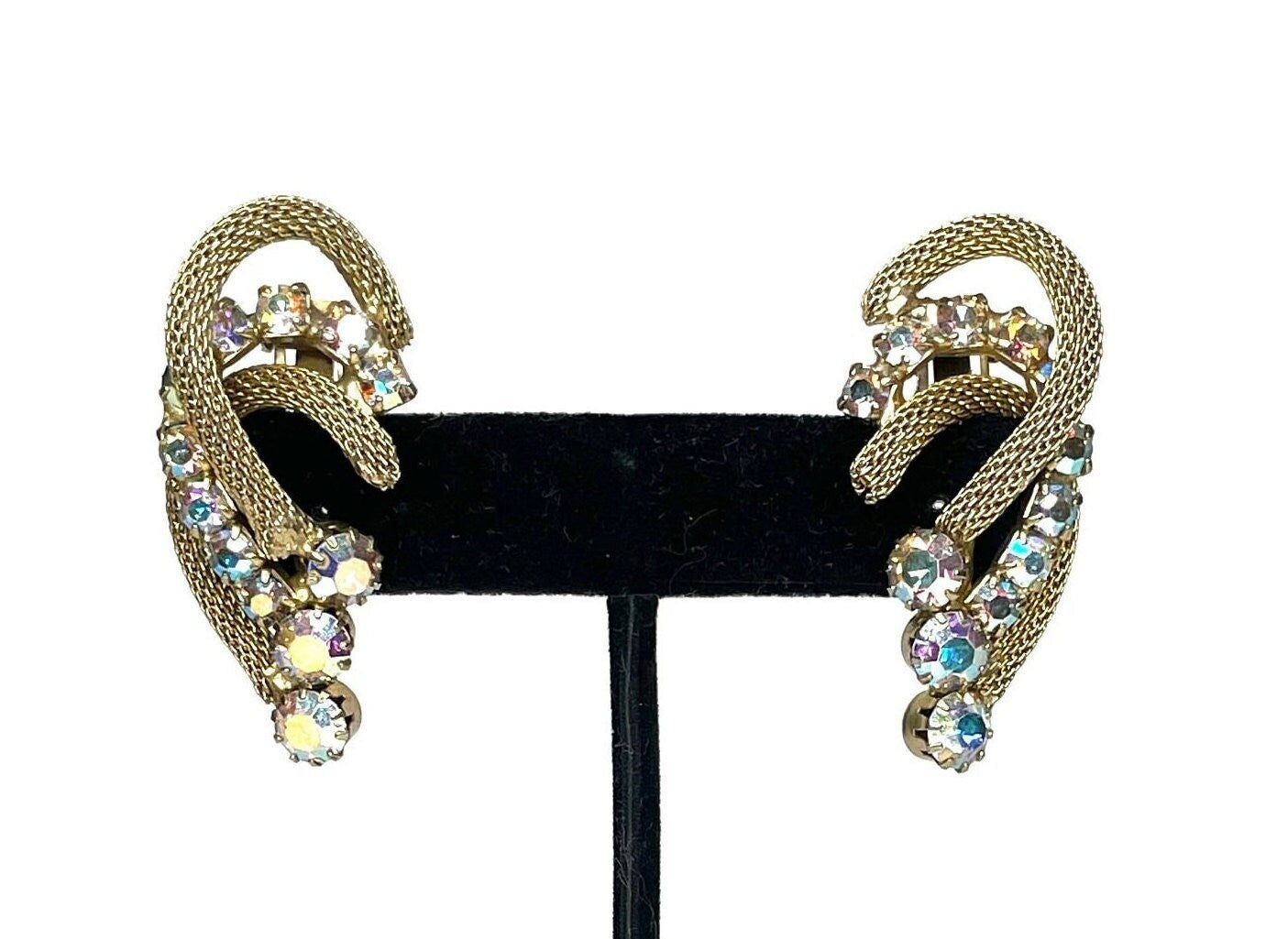 1950s Gold Mesh & Rhinestone Earrings | 50s Aurora Borealis Rhinestone Clip Earrings