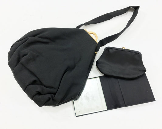 1940s Black Faille Handbag with Coin Purse & Mirror
