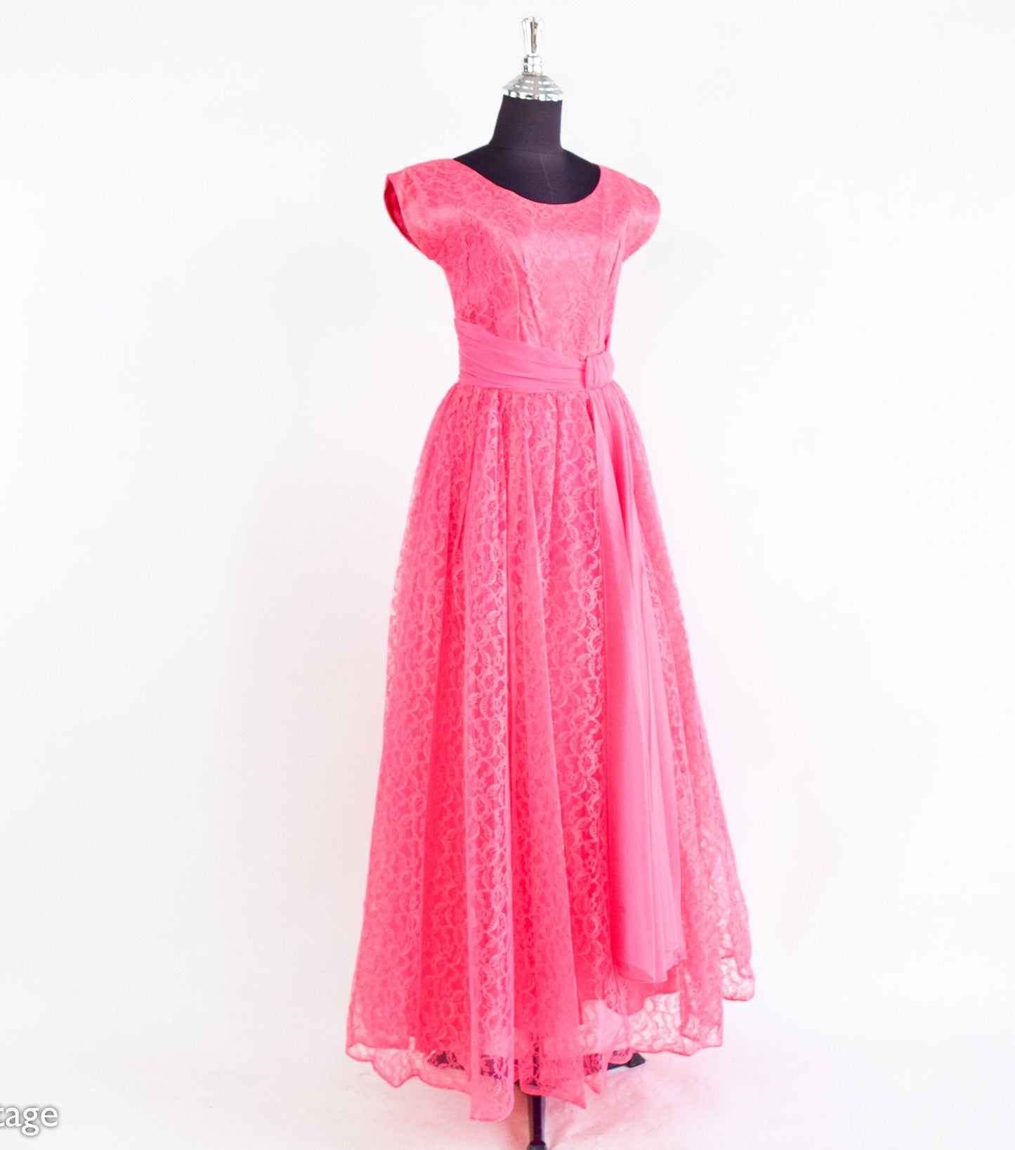 1950s Pink Lace Evening Dress | 50s Pink Lace Formal | Bubblegum Pink Maxi Dress | XS