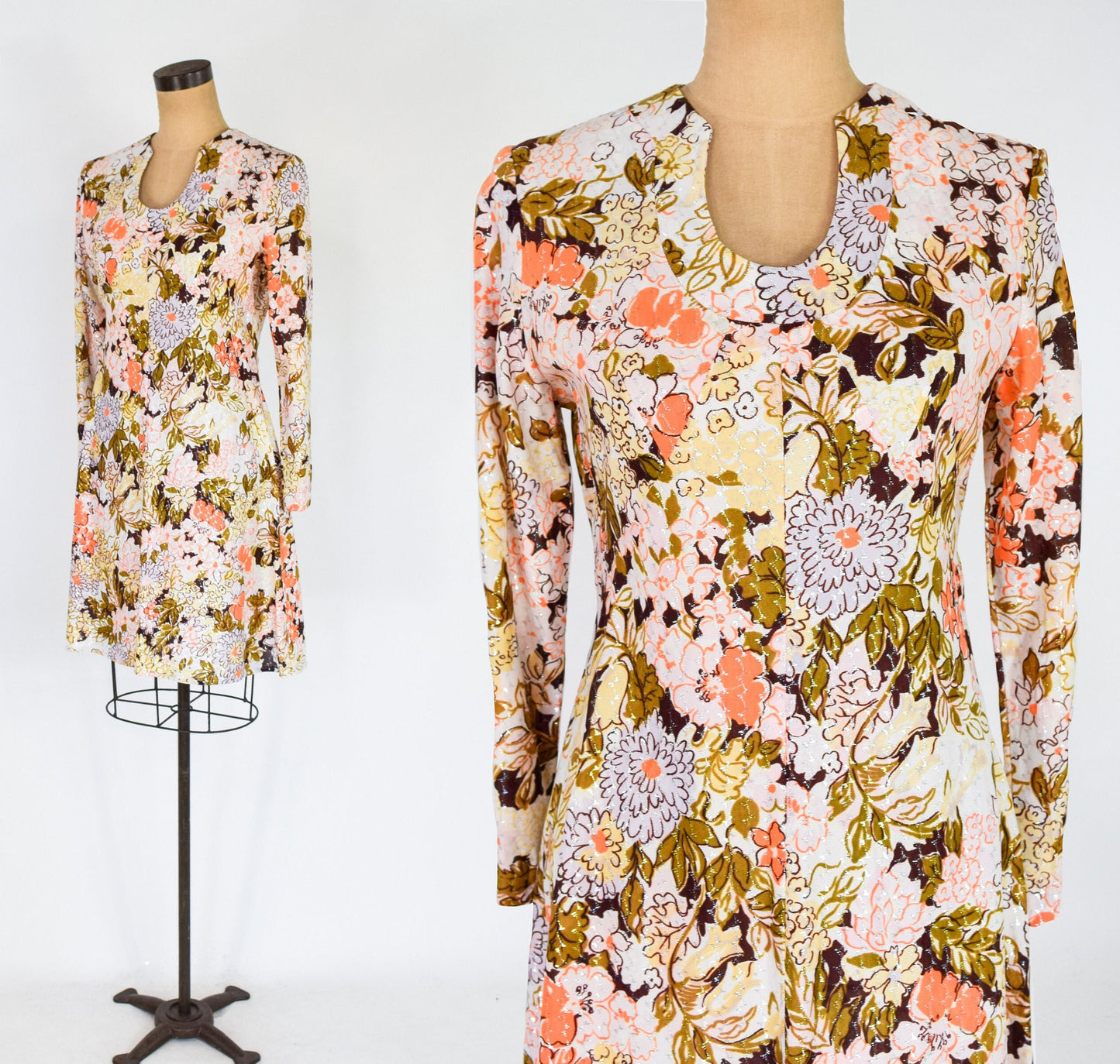 1960s Orange Floral Mini Dress | 60s Metallic Floral Mini Dress | Sandy Lane | Medium