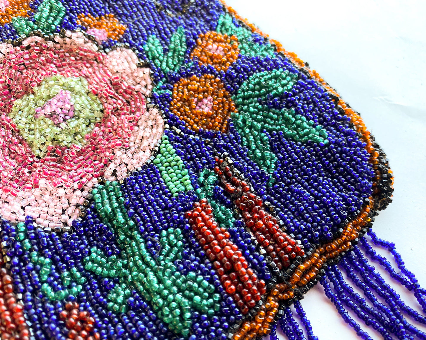 1900s Blue Floral Beaded Evening Bag | Blue & Pink Flower Beaded Handbag | Gustus Katz